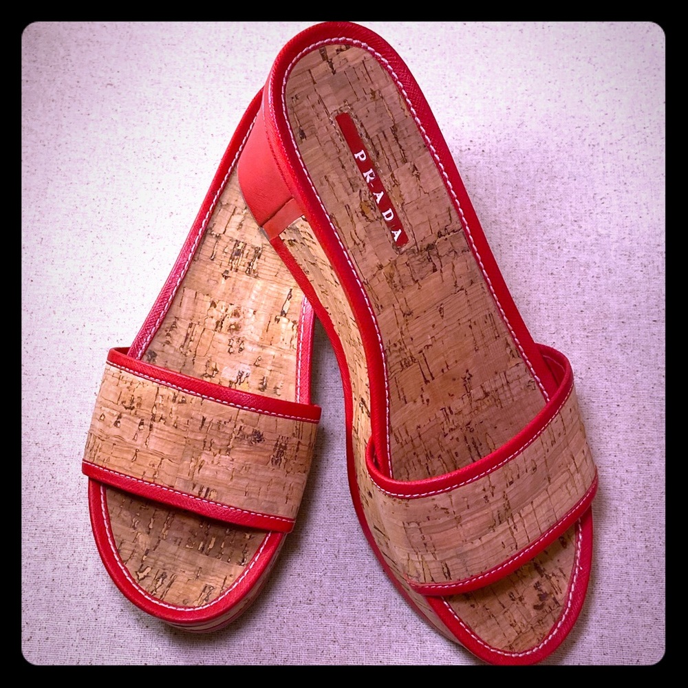 Prada, Cork and Red Leather Slide